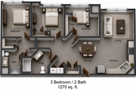 Floor plan for 3 beds, 2 baths, 1289 sqft